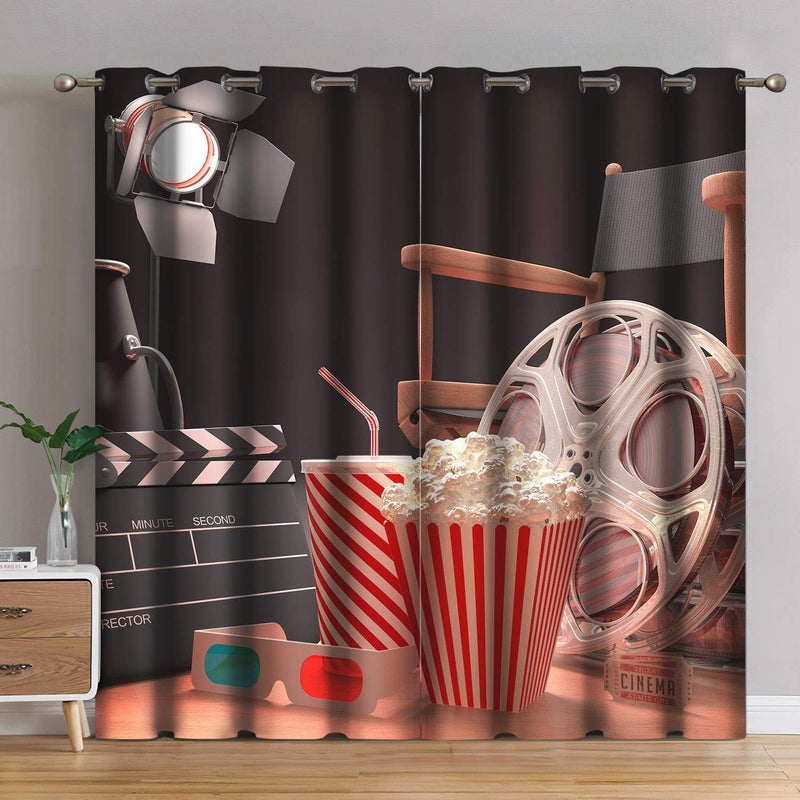Jekeno Movie Theater Blackout Curtains Movie Theater Theme Print Home Bedroom Living Room Decor Sunlight Blocking Grommet Window Drapes 2 Panel Set, 52"x84" - Image 1
